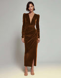 Olive Sheath Long Sleeves Velvet Ruched Formal Dress with Slit