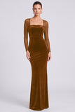 Velvet Mermaid Dark Green Square Neck Long Sleeve Formal Dress