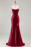 Dark Green Beaded Corset Strapless Mermaid Long Prom Dress with Slit