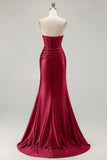 Dark Green Beaded Corset Strapless Mermaid Long Prom Dress with Slit
