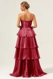 Blue A-Line Strapless Tiered Pleated Ruffled Floor Length Dress