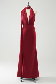 Burgundy Sheath Convertible Deep V Neck Ruched Long Bridesmaid Dress with Open Back