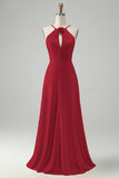Stylish Yellow A Line Halter Pleated Long Bridesmaid Dress with Flower