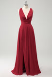 Pink A Line Deep V Neck Backless Long Bridesmaid Dress with Slit