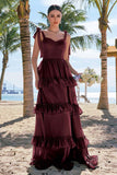 Eucalyptus A-Line Bow Tie Straps Corset Tiered Bridesmaid Dress with Slit
