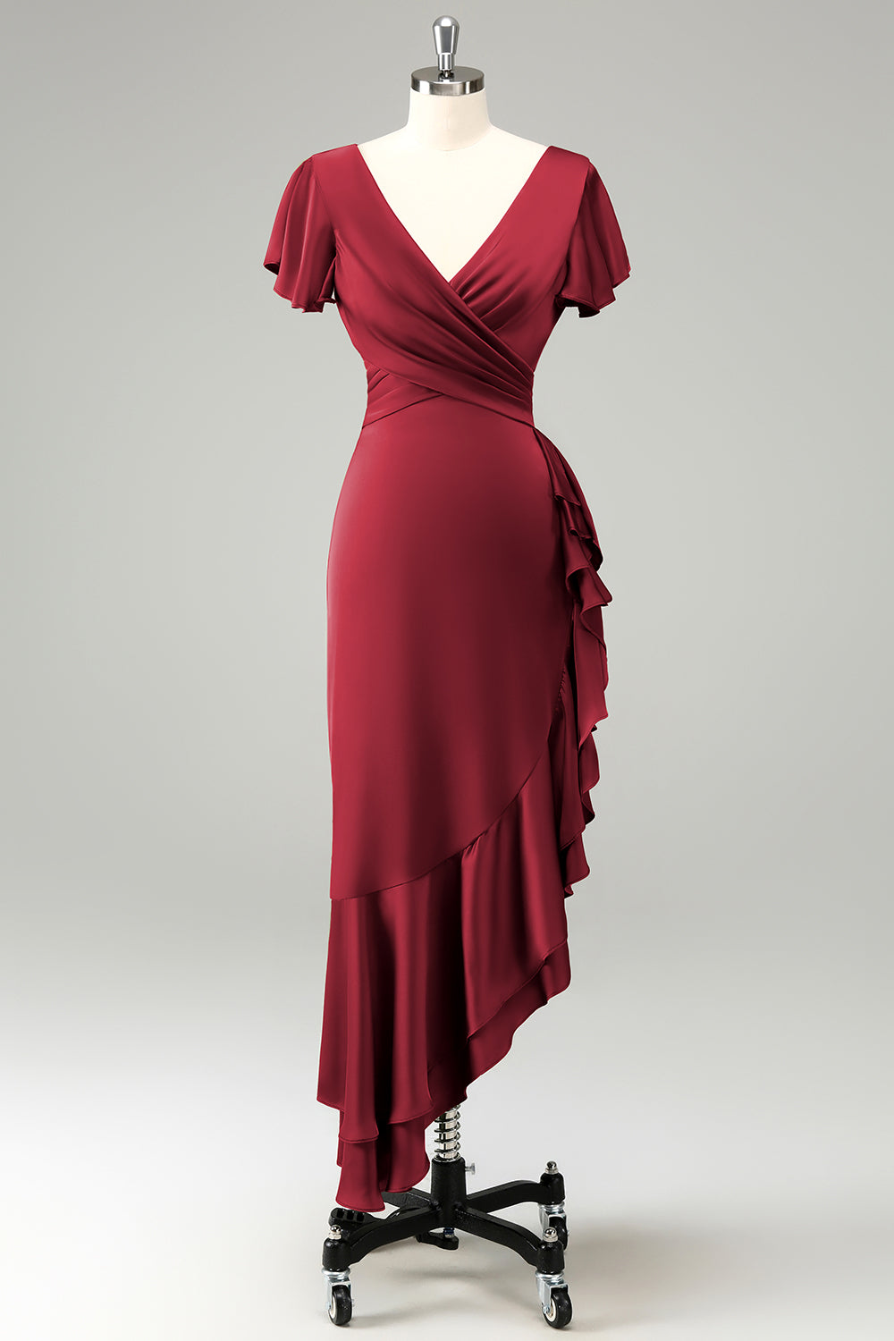 Wedtrend Women Elegant Dusty Sage Bridesmaid Dress A Line V Neck Short Sleeves Asymmetrical Guest Dress with Ruffles, Burgundy / US2