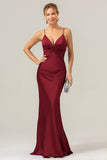 Purple Mermaid Spaghetti Straps Front Pleated Long Bridesmaid Dress