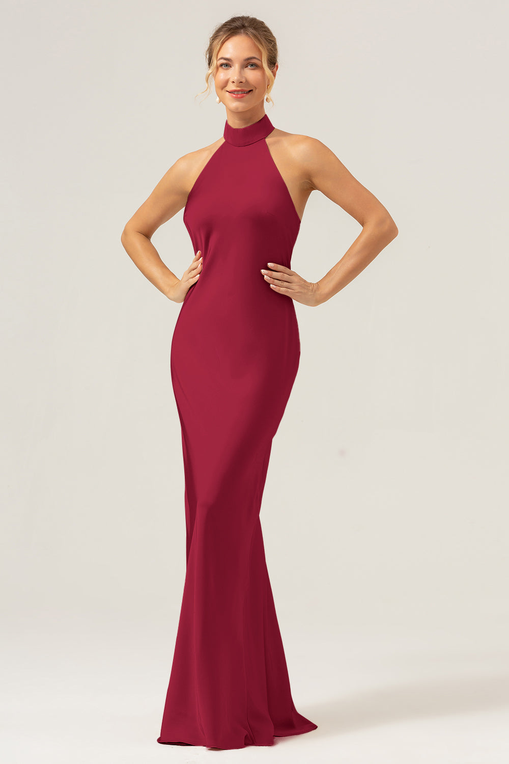 Wedtrend Women Champagne Bridesmaid Dress with Slit Mermaid Halter Backless Long Satin Sheath Wedding Guest Dress, Burgundy / US18W