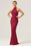 Champagne Sheath Halter Backless Long Satin Bridesmaid Dress with Slit