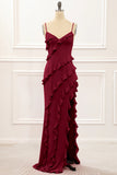 Spaghetti Straps Jade Tiered Mermaid Bridesmaid Dress With Slit