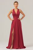 Pink A Line Deep V Neck Lace Up Back Long Satin Bridesmaid Dress with Slit