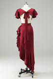 Elegant Olive A Line V Neck Short Sleeves Asymmetrical Bridesmaid Dress with Ruffles