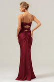 Purple Mermaid Spaghetti Straps Front Pleated Long Bridesmaid Dress