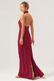 Champagne Sheath Halter Backless Long Satin Bridesmaid Dress with Slit