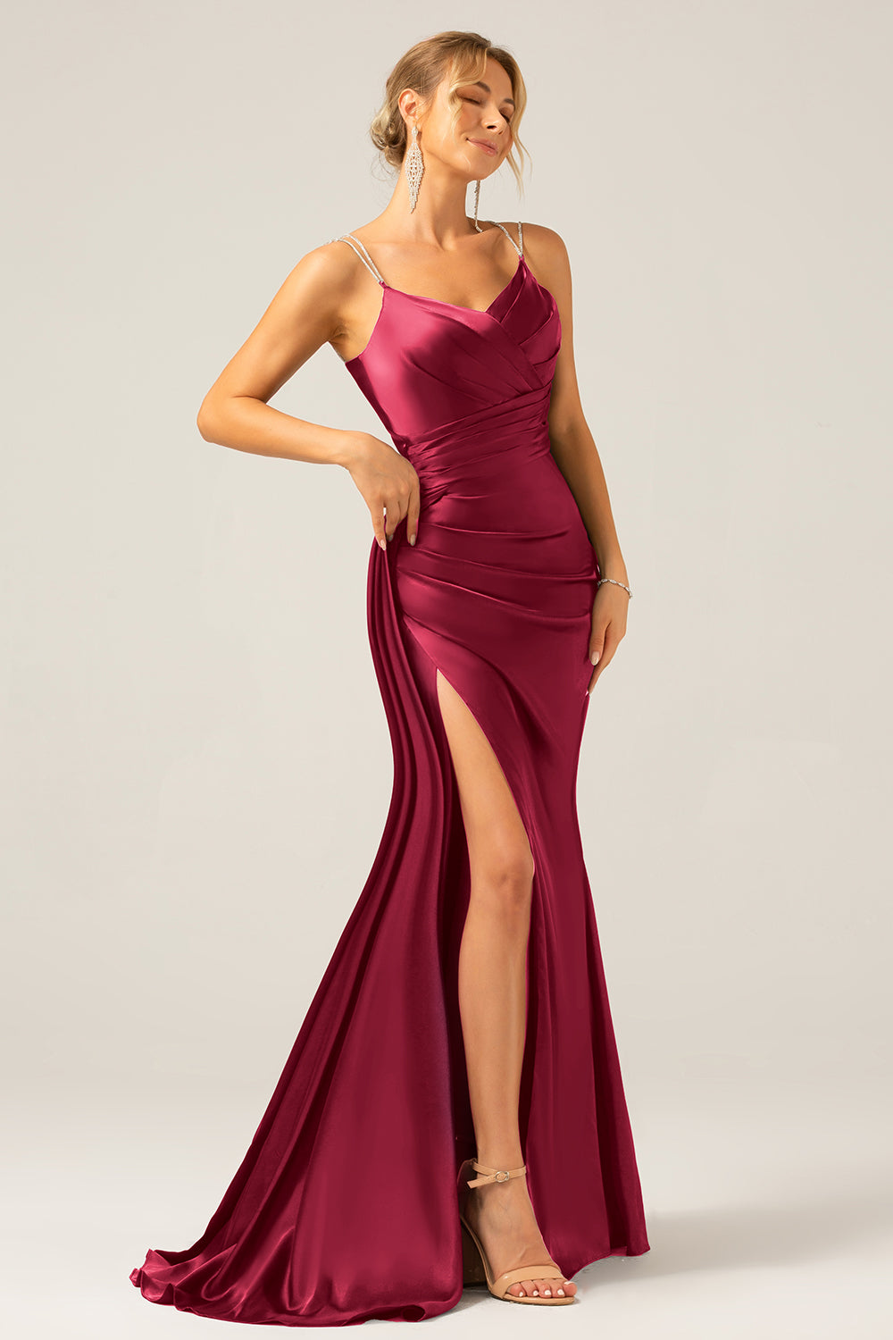 Wedtrend Women Burgundy Bridesmaid Dress Mermaid Spaghetti Straps Pleated Sequin Maxi Dress With Slit WEDTREND Wedtrend Women Burgundy Bridesmaid Dress Mermaid Spaghetti Straps Pleated Sequin Maxi Dress With Slit WEDTREND