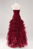 Black Tulle Strapless Tiered Formal Dress with Ruffles