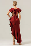 A Line V Neck Asymmetrical Dark Green Bridesmaid Dress with Ruffle Slit