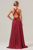Pink A Line Deep V Neck Lace Up Back Long Satin Bridesmaid Dress with Slit