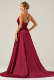 Royal Blue A Line V Neck Pleated Satin Bridesmaid Dress with Slit