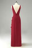 Lime Sheath V Neck Floral Open Back Bridesmaid Dress with Ruffle Slit