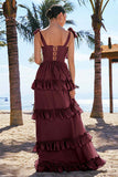 Eucalyptus A-Line Bow Tie Straps Corset Tiered Bridesmaid Dress with Slit