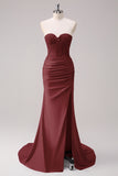 Glitter Fuchsia Mermaid Strapless Ruched Corset Long Prom Dress With Slit