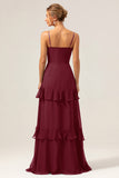 Dark Green A Line V Neck Ruffled Chiffon Tiered Long Bridesmaid Dress with Slit