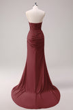 Glitter Fuchsia Mermaid Strapless Ruched Corset Long Prom Dress With Slit
