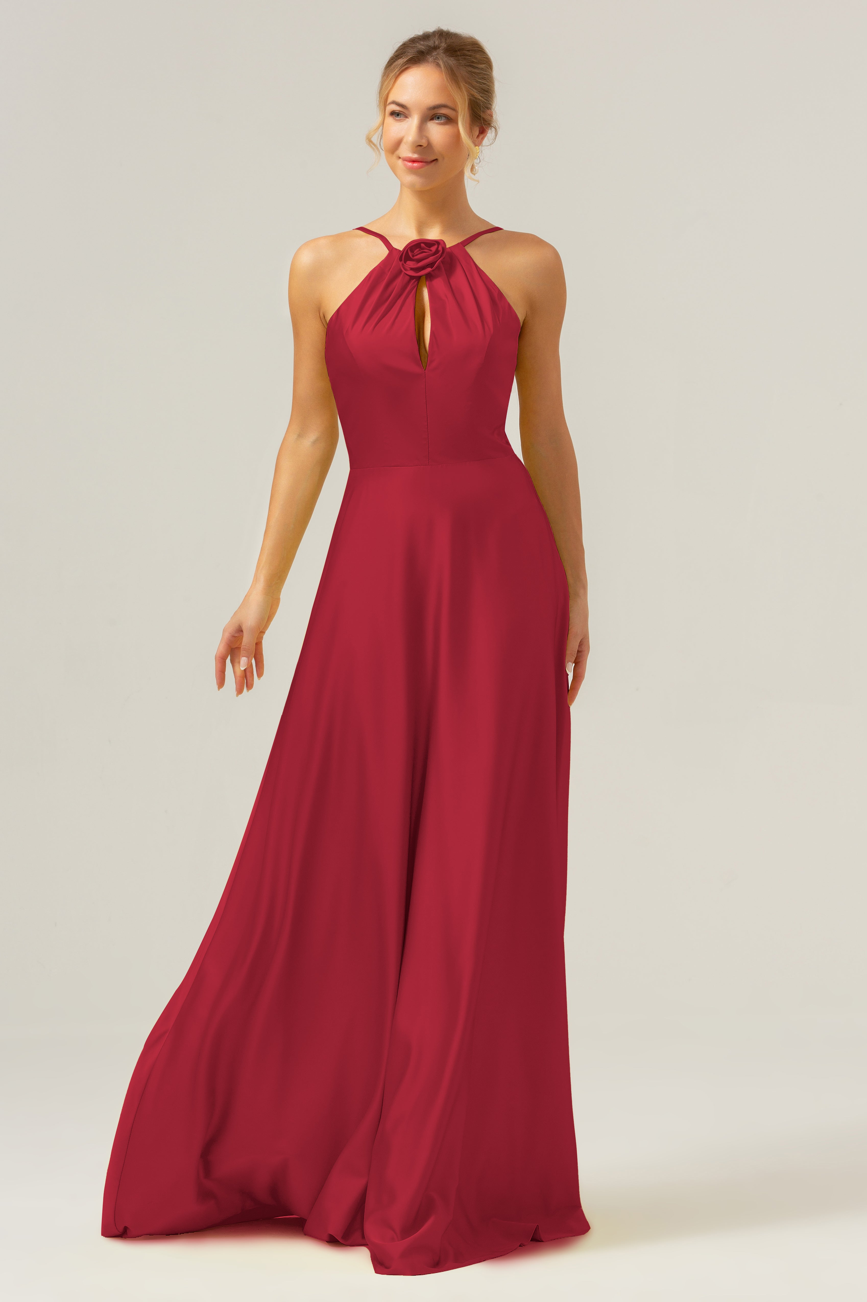 Wedtrend Women Bridesmaid Dress with Flower A Line Halter Ruched Satin Open Back Long Wedding Party Dress WEDTREND Wedtrend Women Bridesmaid Dress with Flower A Line Halter Ruched Satin Open Back Long Wedding Party Dress WEDTREND