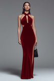 Dark Green Halter Cut Out Mermaid Velvet Formal Dress with Slit