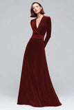 Black Velvet A Line V-Neck Long Sleeves Maxi Holiday Party Dress