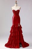 Red Mermaid Sweetheart Beaded Corset Tiered Ruffle Long Prom Dress with Slit