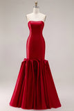 Fuchsia Strapless Mermaid Satin Long Prom Dress with 3D Flowers