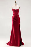 Red Strapless Mermaid Corset Beaded Ruched Satin Long Prom Dress with Slit