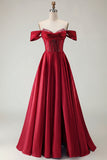 Off the Shoulder Purple A Line Beaded Corset Long Prom Dress with Slit