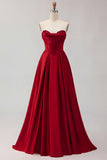 Golden A Line Beaded Strapless Corset Satin Long Prom Dress