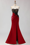 Black Green Strapless Mermaid Lace Appliqued Ruched Long Prom Dress with Slit