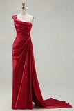 One Shoulder Green Sheath Ruched Long Prom Dress with Slit