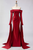 Off the Shoulder Dark Green Mermaid Ruched Prom Dress with Long Sleeves