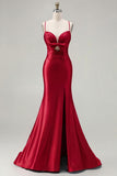 Mermaid Fuchsia Satin Cut Out Ruched Long Prom Dress with Slit