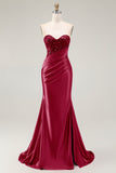 Sweetheart Mermaid Red Beaded Sequins Pleated Satin Long Prom Dress with Slit