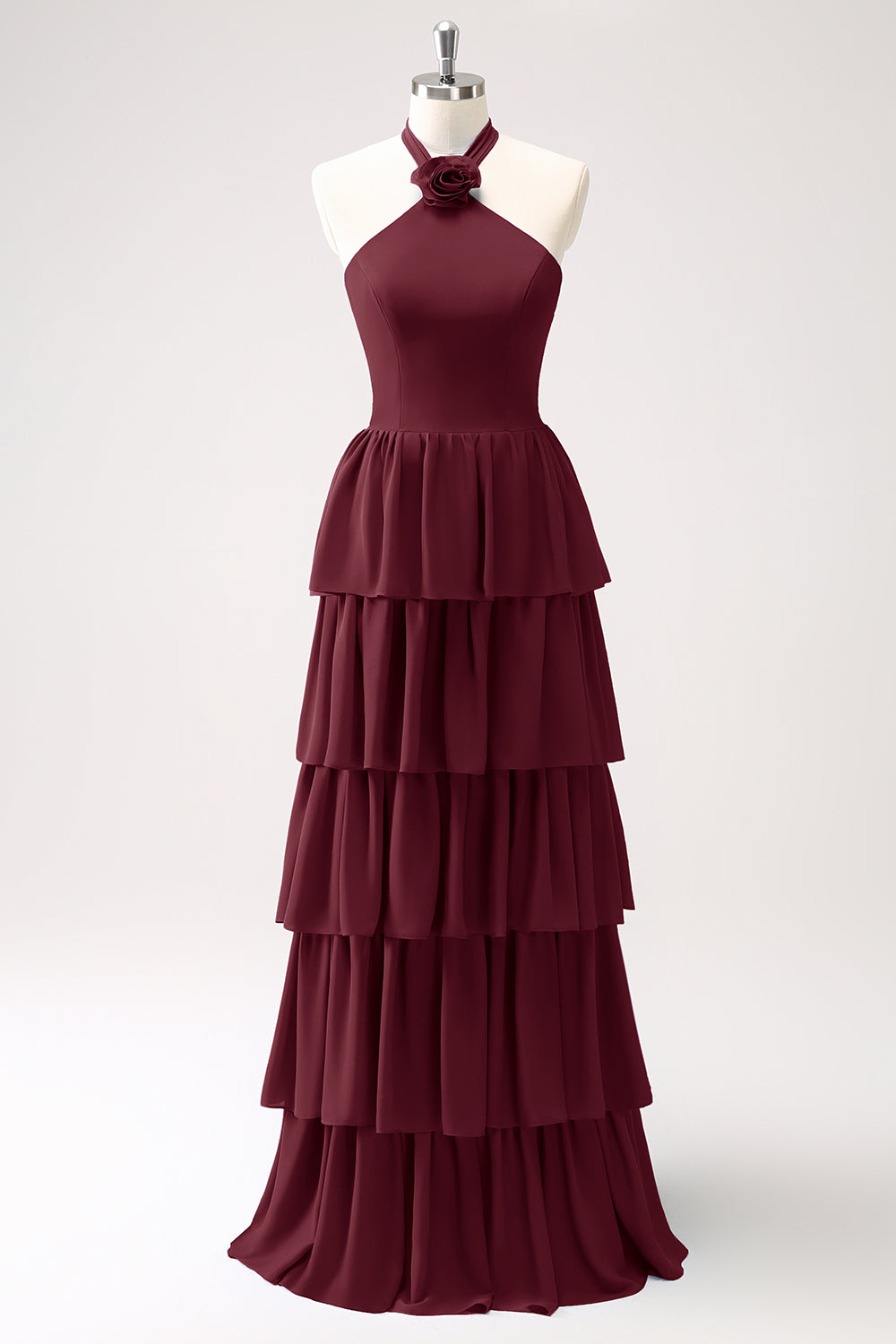 Wedtrend Women Dark Green Bridesmaid Dress with Flower A Line Halter Tiered Chiffon Long Wedding Party Guest Dress, Burgundy Wedtrend Women Dark Green Bridesmaid Dress with Flower A Line Halter Tiered Chiffon Long Wedding Party Guest Dress, Burgundy
