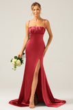 Dark Green Sheath Spaghetti Straps Pleated Long Bridesmaid Dress With Slit