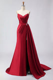 Royal Blue A Line Beaded Strapless Ruched Long Prom Dress with Slit
