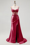 Champagne Mermaid Corset Streamer Beaded Ruched Long Prom Dress with Slit