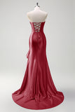 Sparkly Mermaid Strapless Corset Sequin Long Prom Dress with Ruffle Slit
