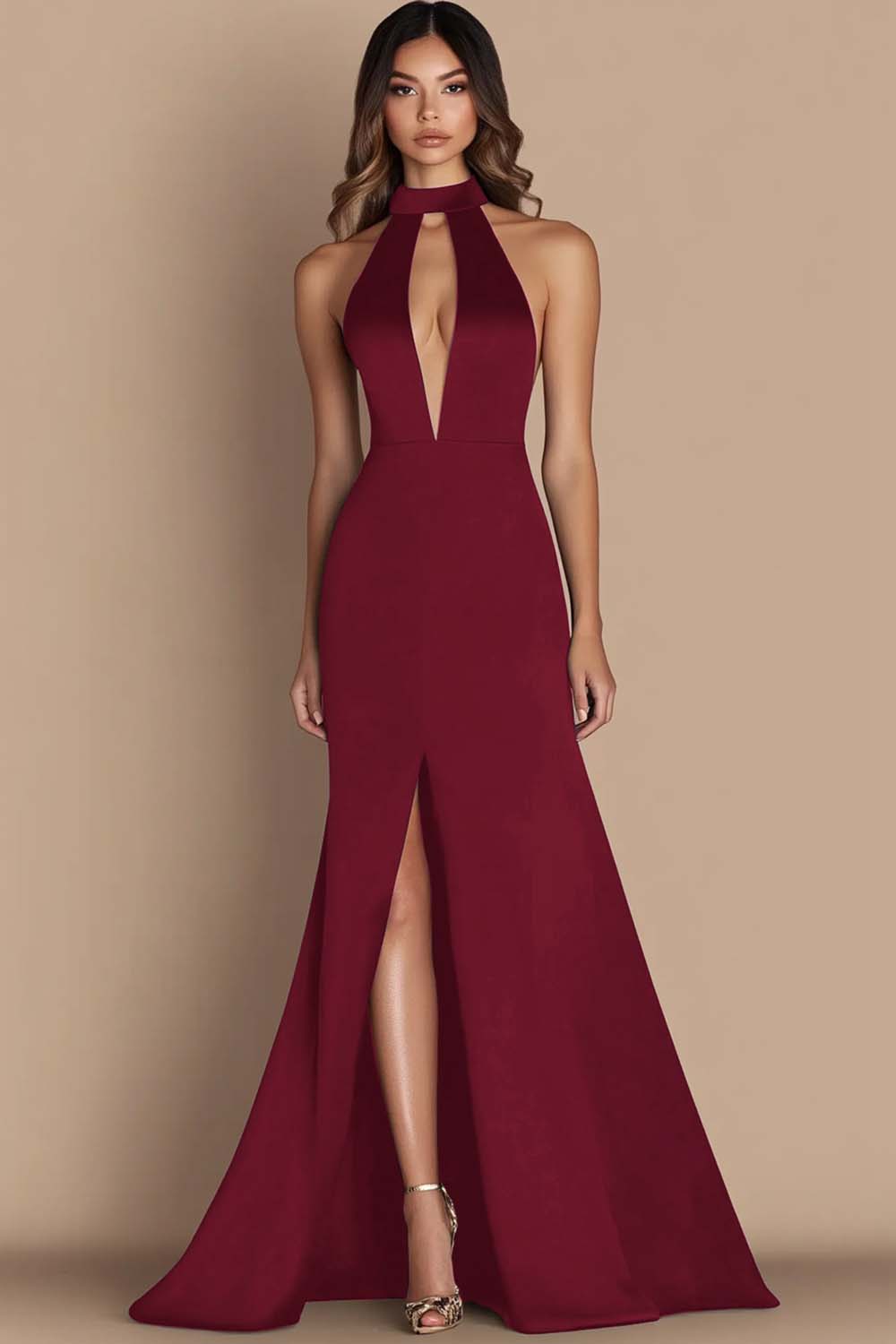 WEDTREND Women Burgundy Formal Dress With Slit Halter Keyhole Mermaid Long Wedding Guest Dress WEDTREND Women Burgundy Formal Dress With Slit Halter Keyhole Mermaid Long Wedding Guest Dress