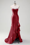 Sparkly Mermaid Strapless Corset Sequin Long Prom Dress with Ruffle Slit