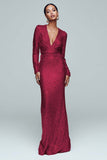 Sparkly Gold Sheath Sequins V-Neck Gala Dress with Long Sleeves