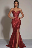 Dark Green Mermaid Strapless Sequin Long Formal Dress With Slit